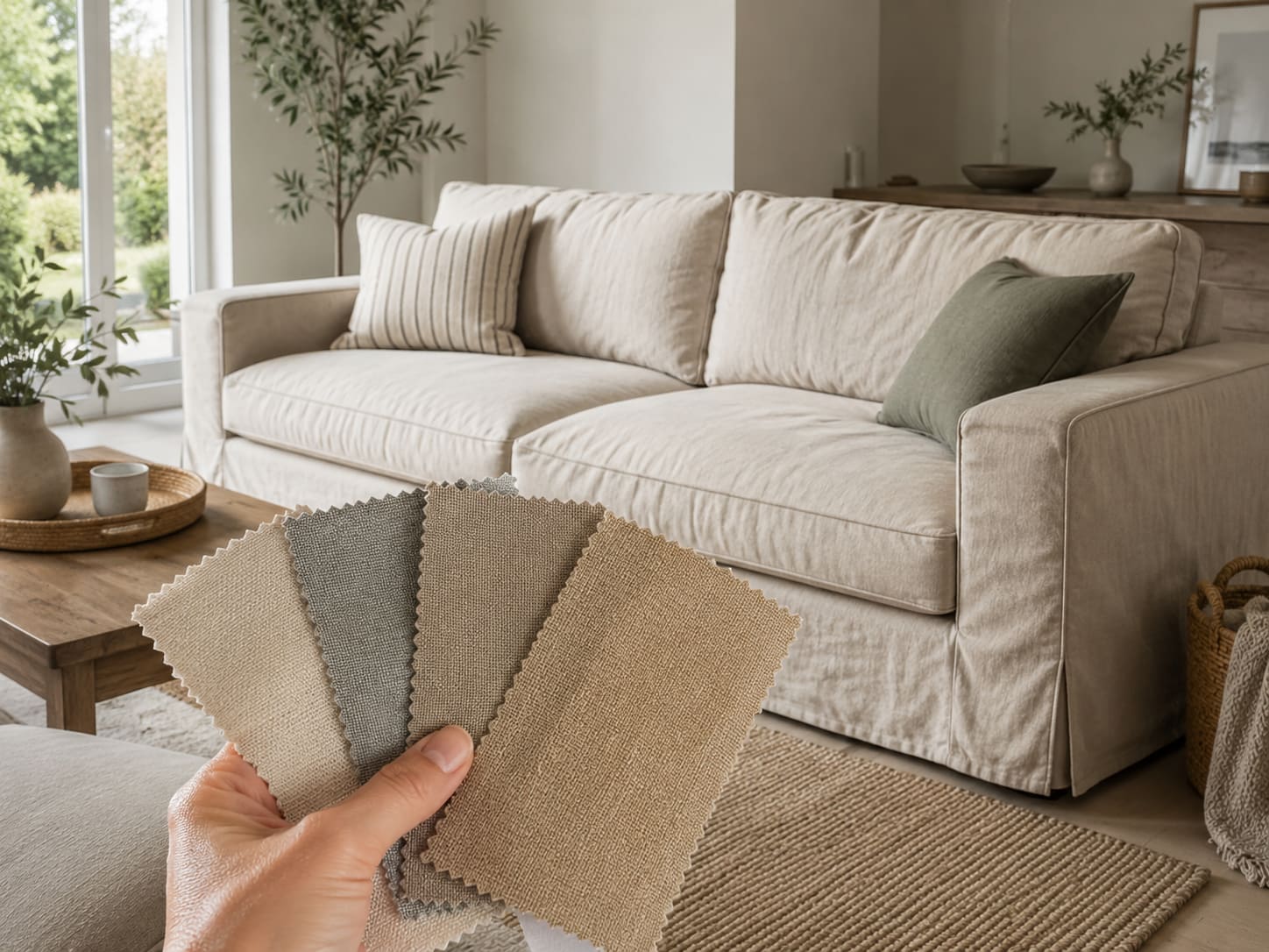 A hand holding neutral fabric samples in beige, warm grey and taupe in front of a Kivik-like sofa with a soft slipcover in a bright modern living room.