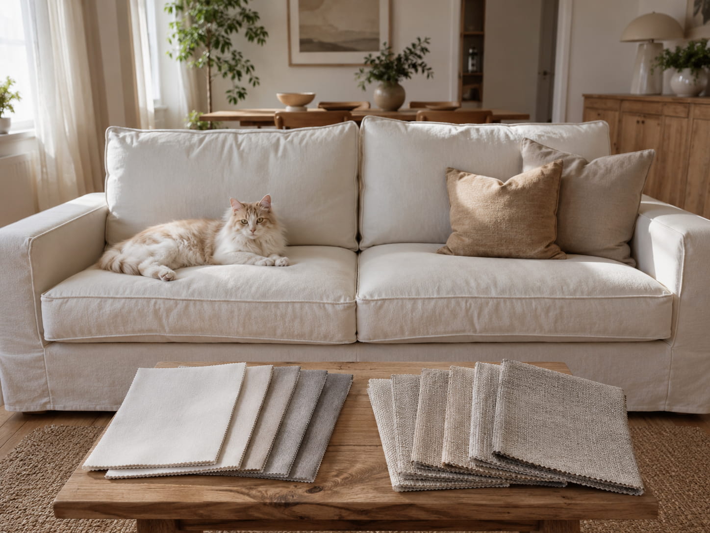A cream long-haired cat resting on a large Kivik-like sofa with cotton look and linenlook fabric samples arranged on a wooden coffee table in a bright Scandinavian living room.