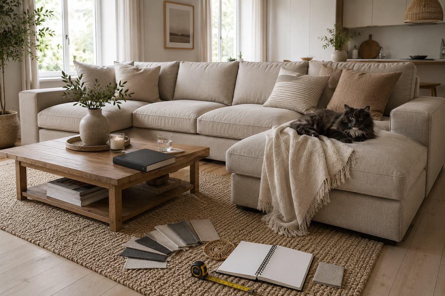 Kivik-like sofa with a neutral slipcover and chaise longue in a bright Scandinavian living room, with a dark long-haired cat, fabric samples, measuring tape and a blank notebook for planning the sofa layout.