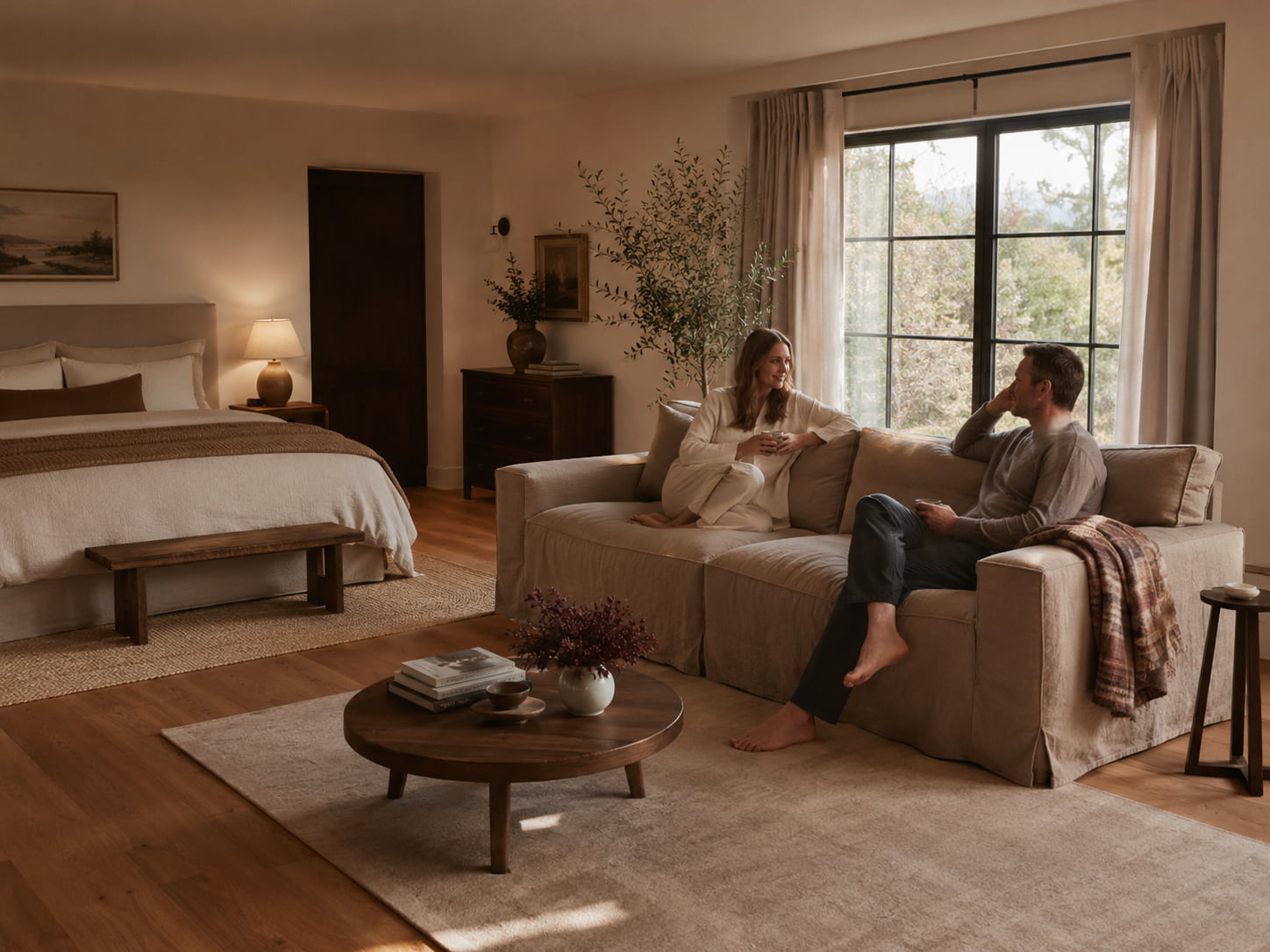 Creëer een rustig suitegevoel met een bank in de slaapkamer