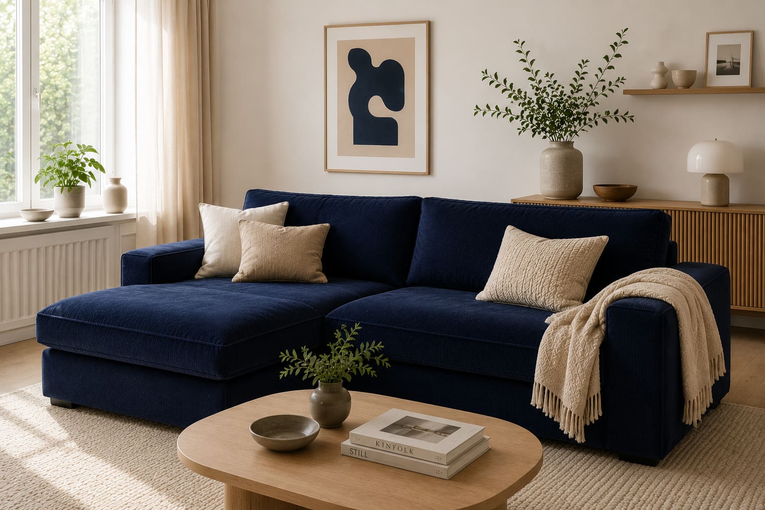 Dark blue Kivik-like sofa in a bright living room with light walls, neutral cushions, a cream throw, warm wood furniture, plants and soft natural daylight.