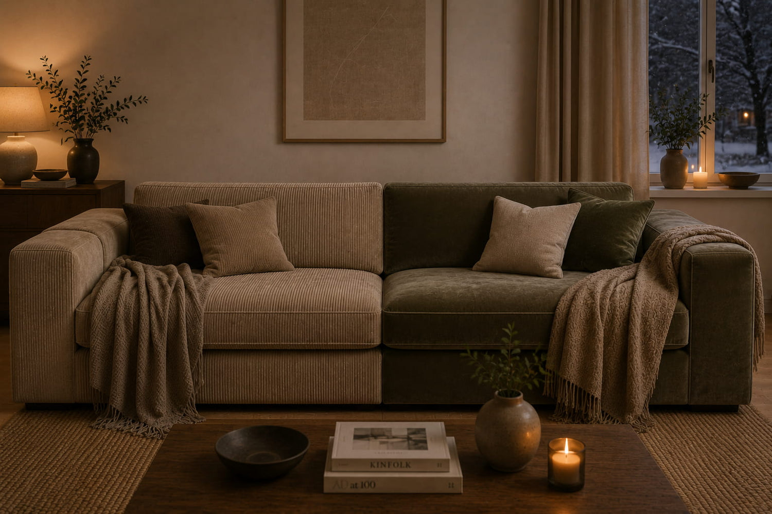 Kivik-like sofa shown in a split comparison with beige ribstof upholstery on one side and dark green fluweel upholstery on the other, styled with throws, cushions and warm winter lighting to highlight the difference between the two fabrics.