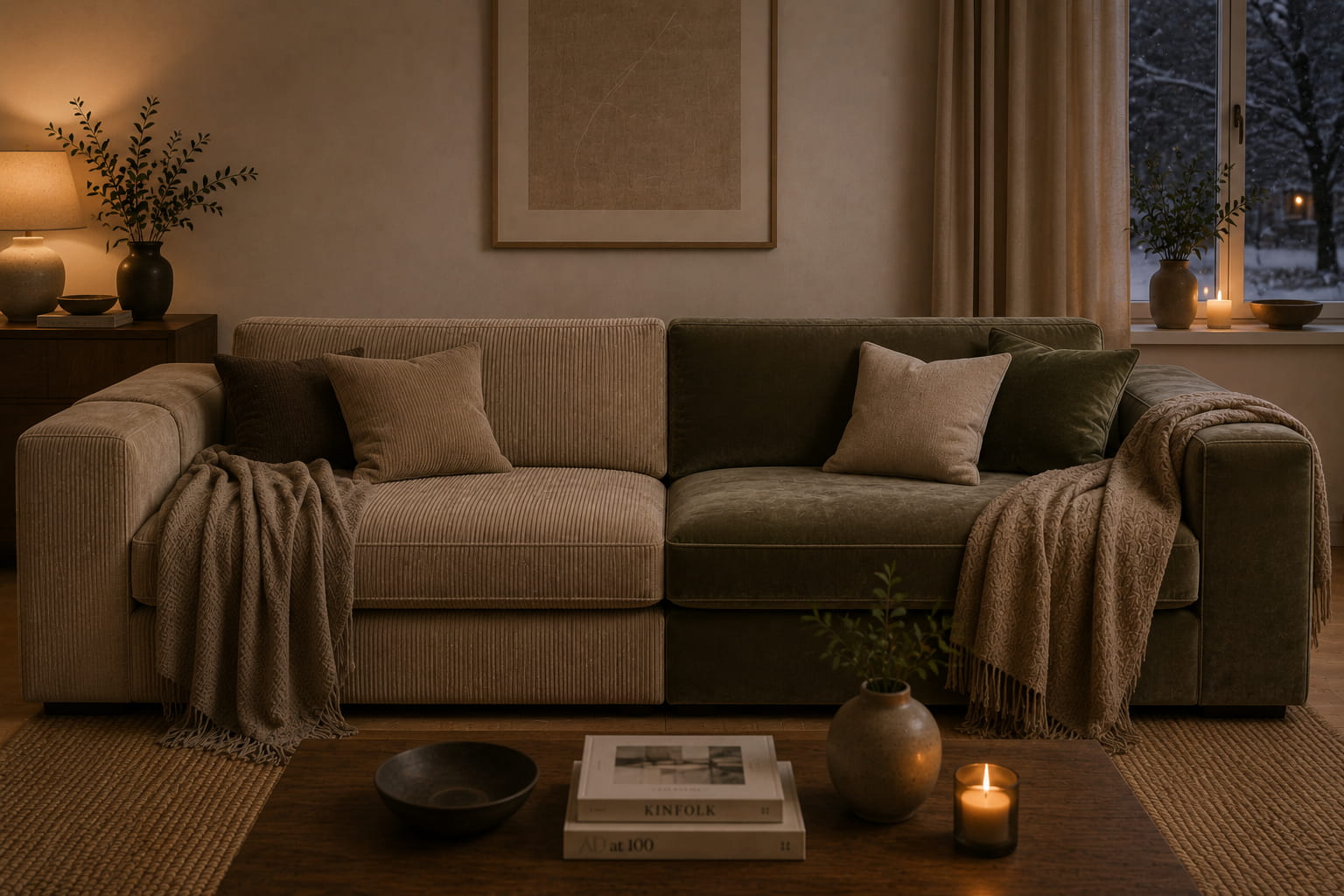 Kivik-like sofa shown in a split comparison with beige ribstof upholstery on one side and dark green fluweel upholstery on the other, styled with throws, cushions and warm winter lighting to highlight the difference between the two fabrics.