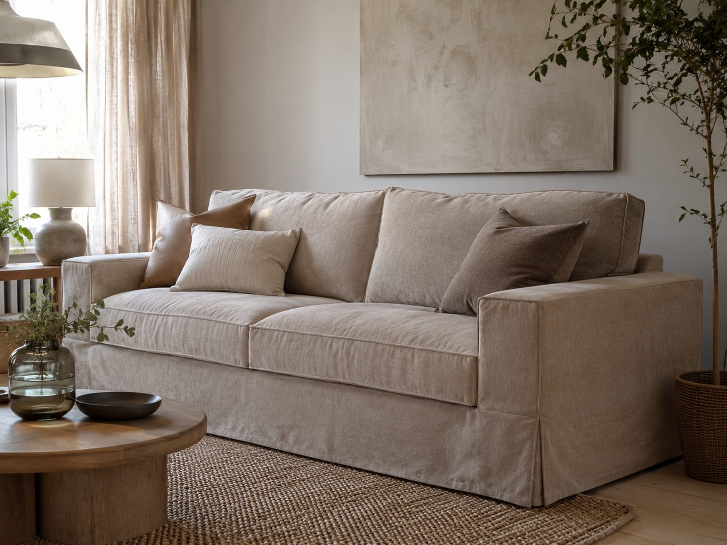 Moderne beige bankhoes op een ruime bank in een stijlvol Scandinavisch interieur met zachte stoffen, sierkussens en natuurlijk licht.